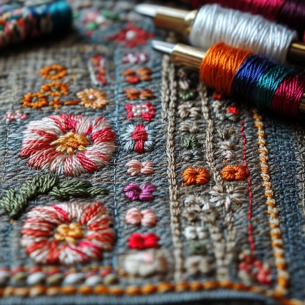 detal haftu z kolorowymi nićmi